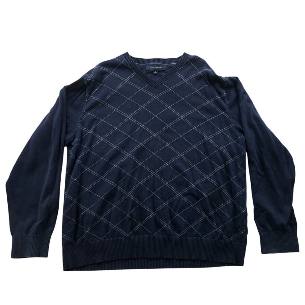 Tommy Hilfiger Womens Sweater Size XL Long Sleeve Argyle V-Neck Pullover Navy